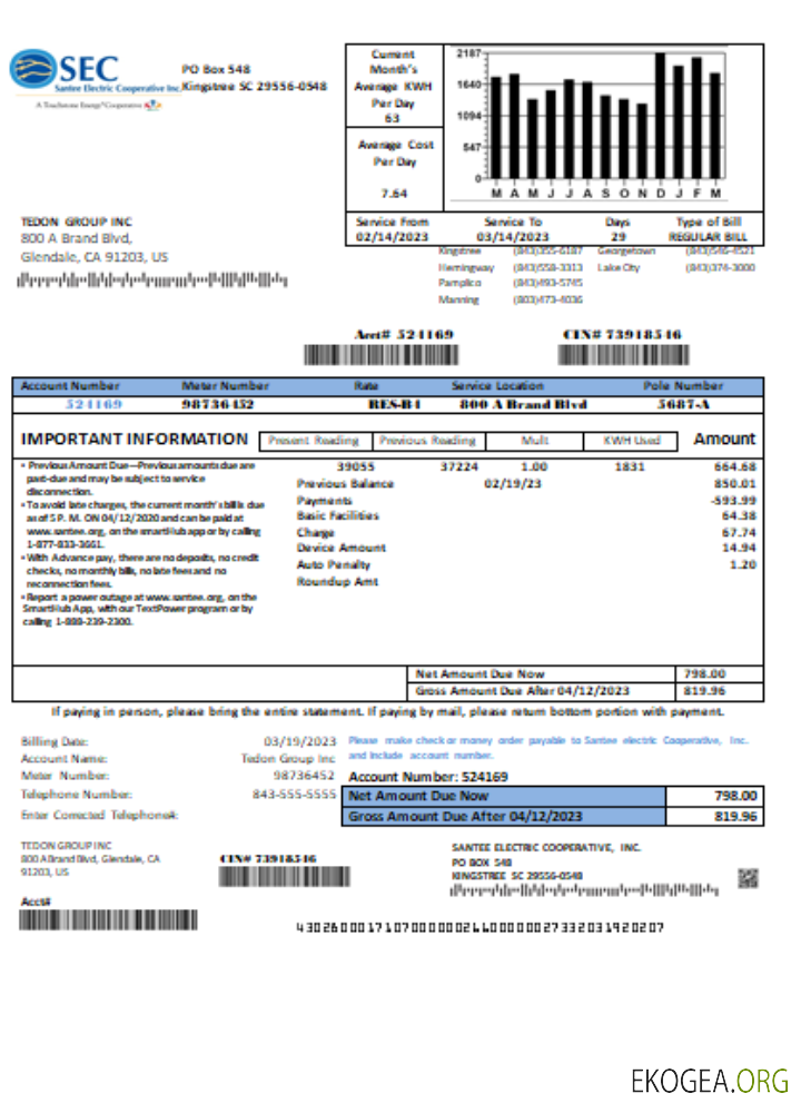 Santee Electric Cooperative Inc (SEC) preuve d'adresse facture d'entreprise de services publics, SCR